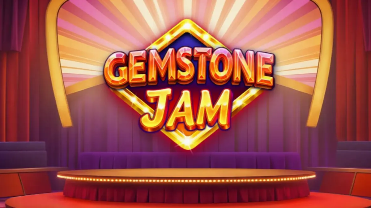 Tampilan layar mesin slot Gemstone Jam dengan nuansa game show mewah