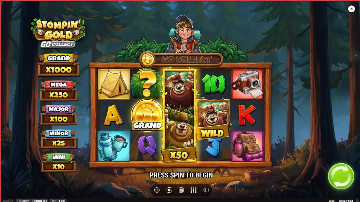 Pemandangan hutan petualangan dalam slot Stompin’ Gold GO Collect