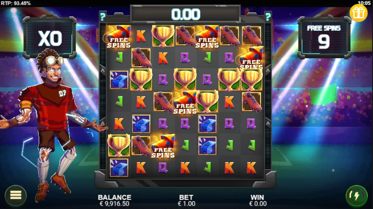 Tampilan visual grid 7x7 pada permainan slot Cluster Cup dengan tema stadion sepak bola.